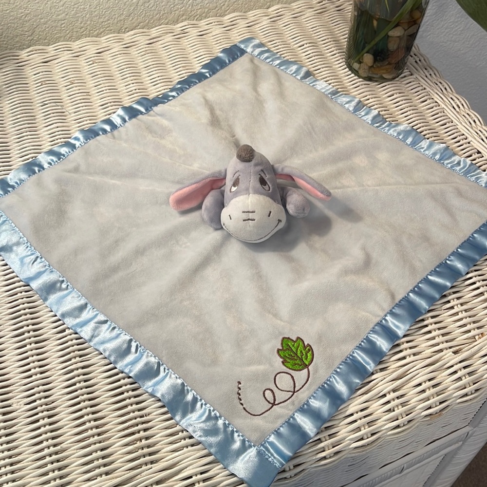 Plush Disney Eeyore mini blanket. 15 x 15. Super soft, velvety blue with satin